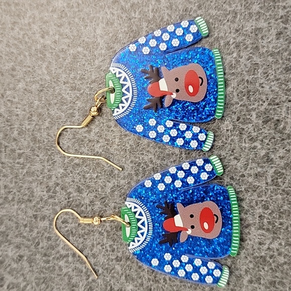 Adorable Blue Christmas Sweater Dangle Earrings with Reindeer Face - Picture 1 of 1